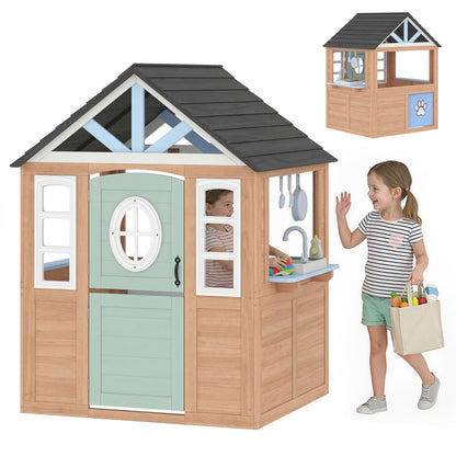 Qaba Kids Outdoor Playhouse, Wooden Cottage Play House with Pet Door, Play Kitchen, Half Door and Windows for Indoor Out