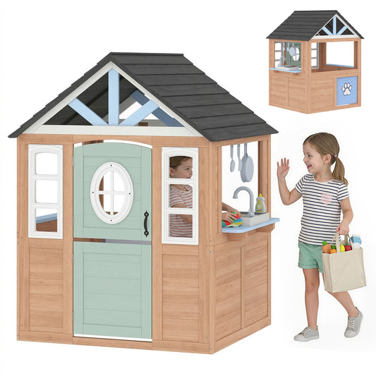 Qaba Kids Outdoor Playhouse, Wooden Cottage Play House with Pet Door, Play Kitchen, Half Door and Windows for Indoor Out
