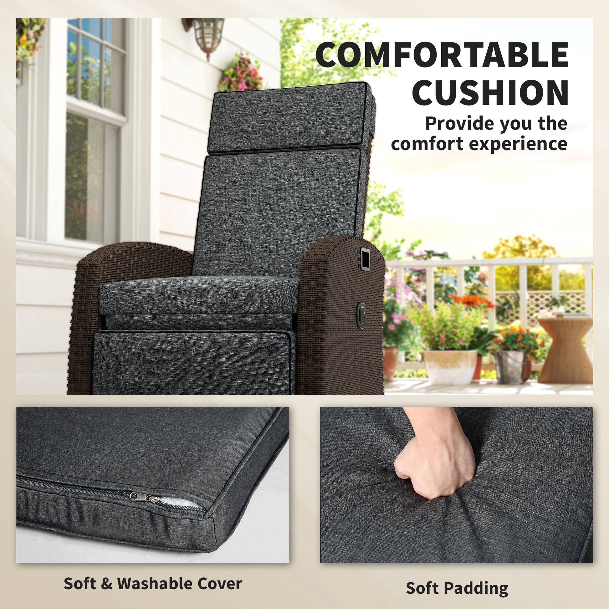 Outdoor Recliner Chair with Adjustable Backrest, Cushion, Side Tray, Dark Grey