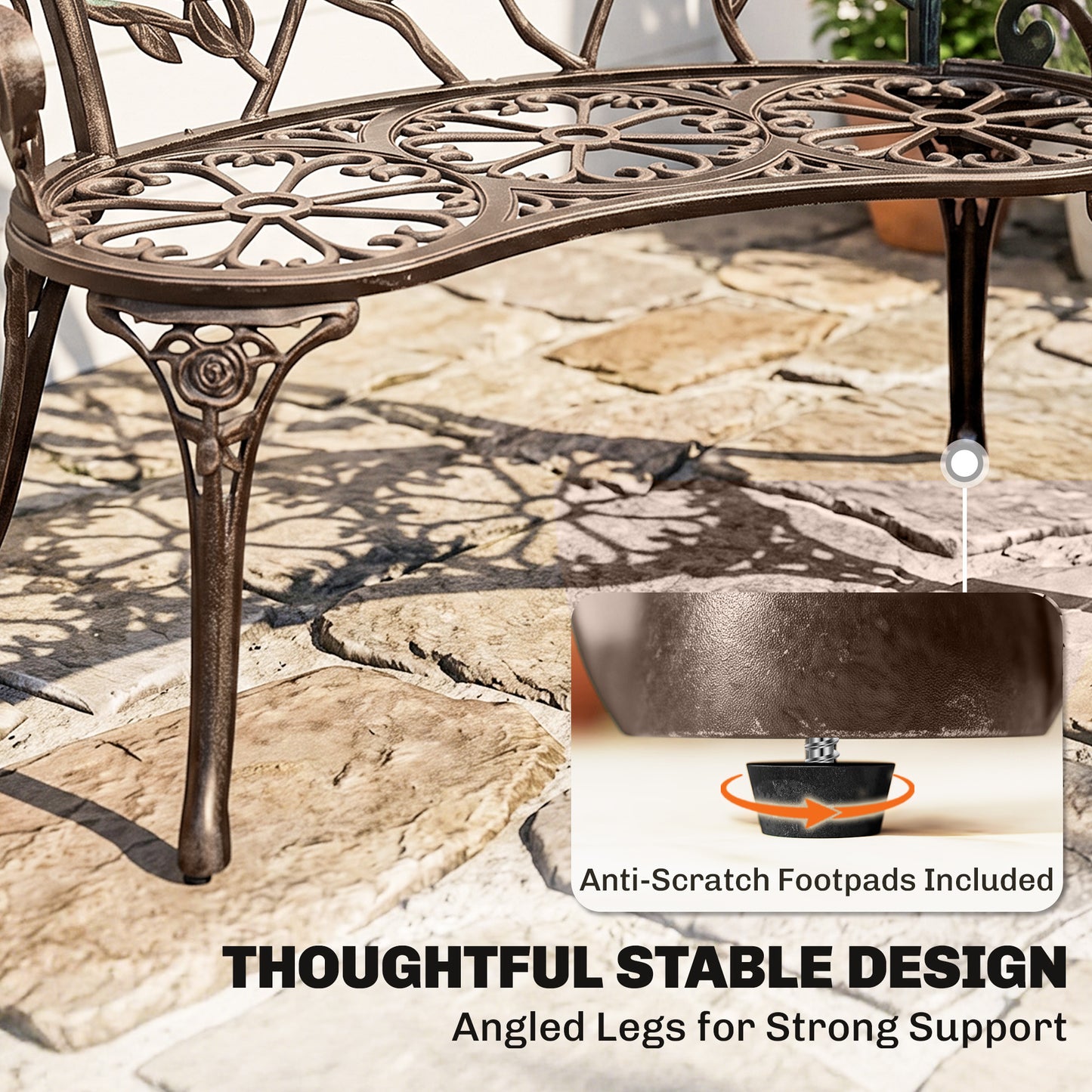 40" Outdoor Garden Bench, Cast Aluminum Antique Rose Style Patio Garden Park Loveseat Bench for Backyard, Porch, Balcony