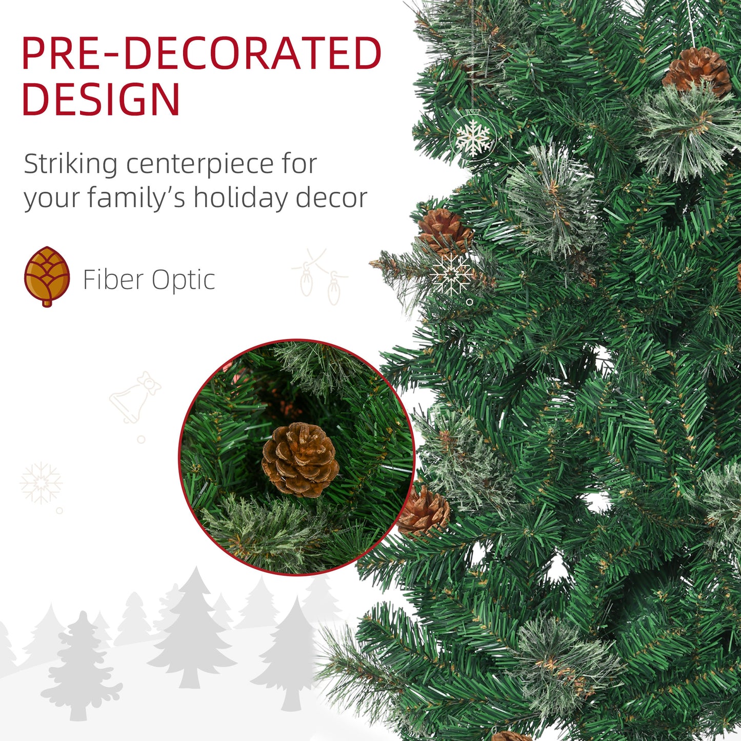 6.5ft Pencil Christmas Tree, Artificial Christmas with Pine Needles, Realistic Branches, Pine Cones, Metal Base, Green