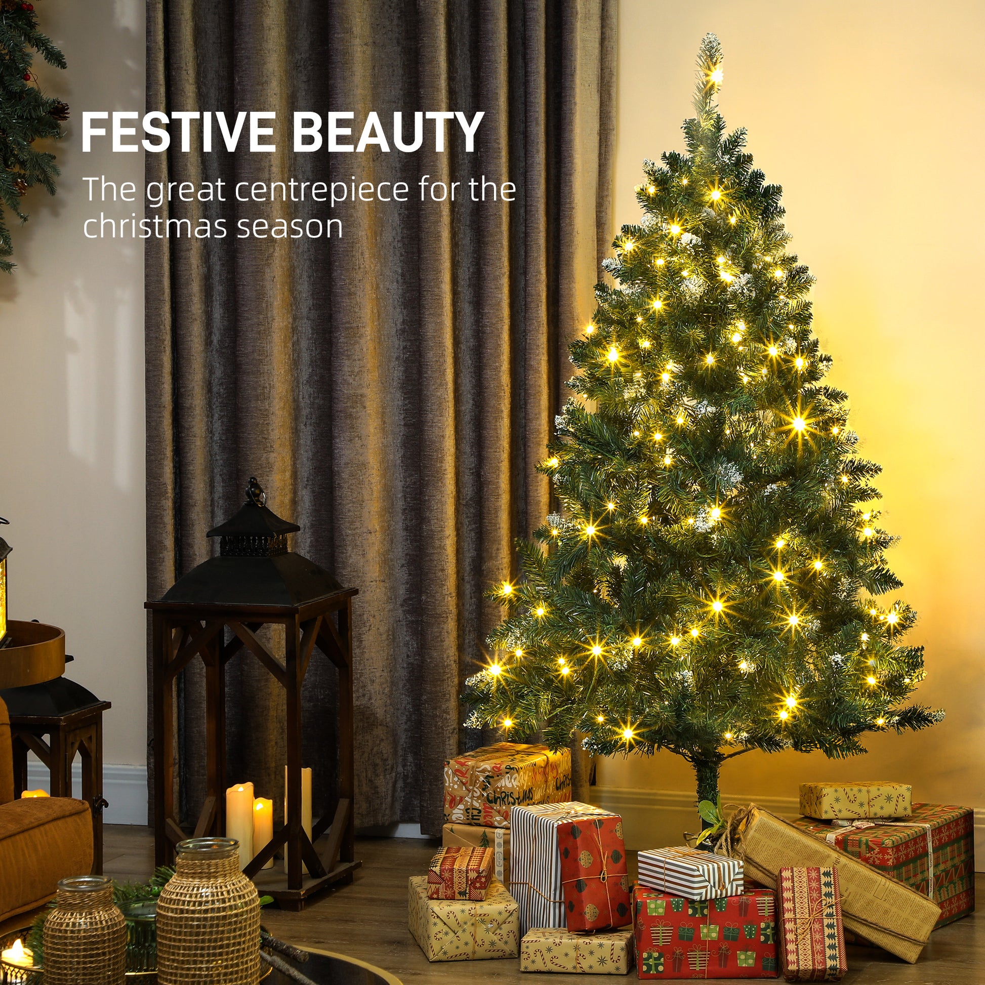 5 ft Frosted Prelit Christmas Tree, Full Spruce Xmas Tree with Dual Colour LED Light, Hinged Xmas Tree, Easy Assembly