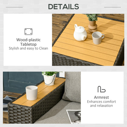 6 Pieces Outdoor Rattan Patio Furniture Set with Corner Sofa, Wood-Plastic Coffee Table, Light Grey