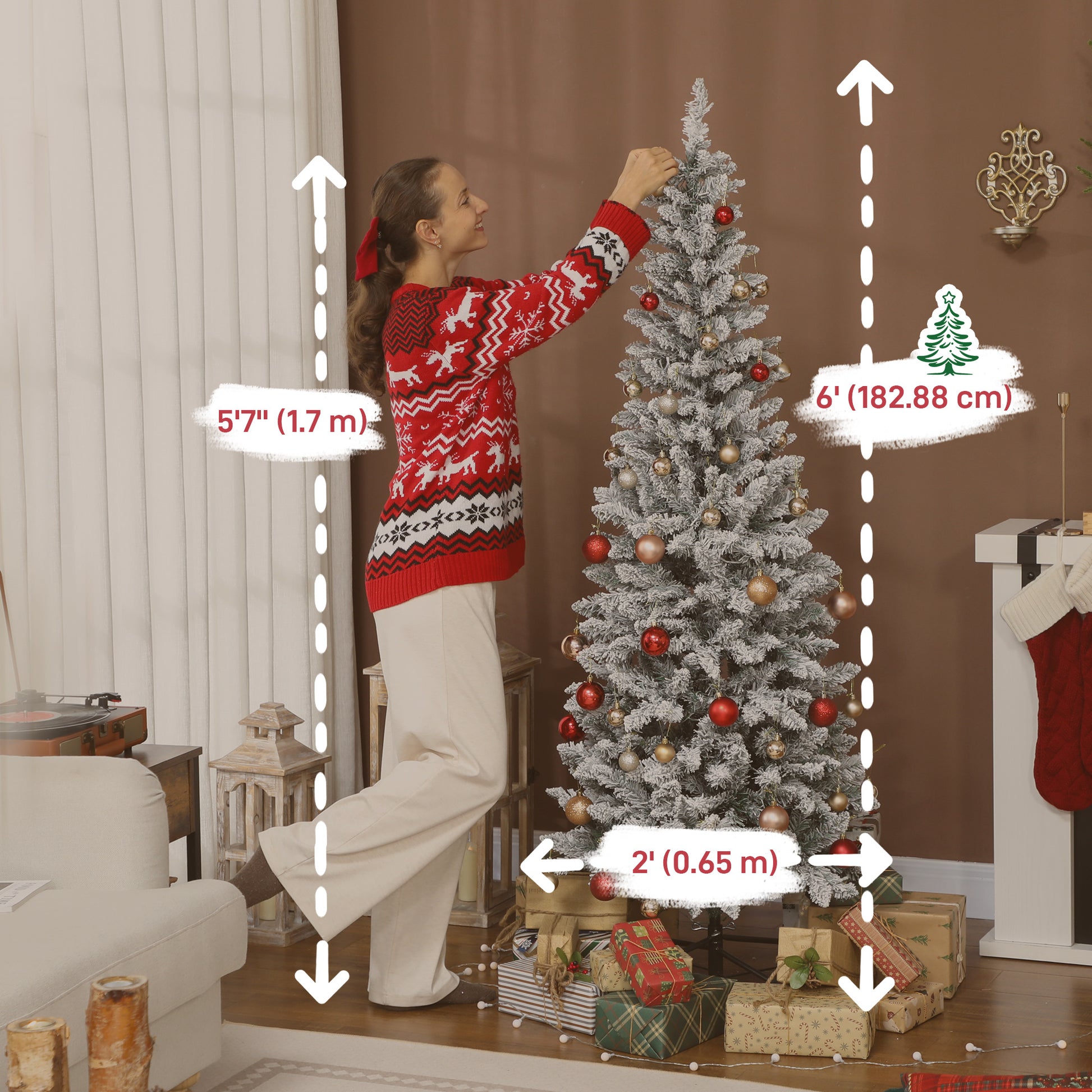 6ft Flocked Christmas Tree with Dual Colour LED Light, Pencil Hinged Xmas Tree with 11 Light Modes, Easy Assembly