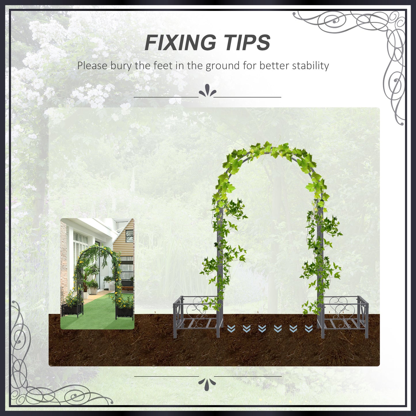 7FT Metal Garden Arch with 2 Planter Boxes, Decorative Outdoor Walkway Arbor for Climbing Vine Plants for Patio Backyard
