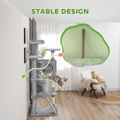 54" Cat Tree, Multi-Level Cat Tower with Scratching Posts, Cat Condos, Bed, Platforms, Ramp, Toy Ball, Light Grey