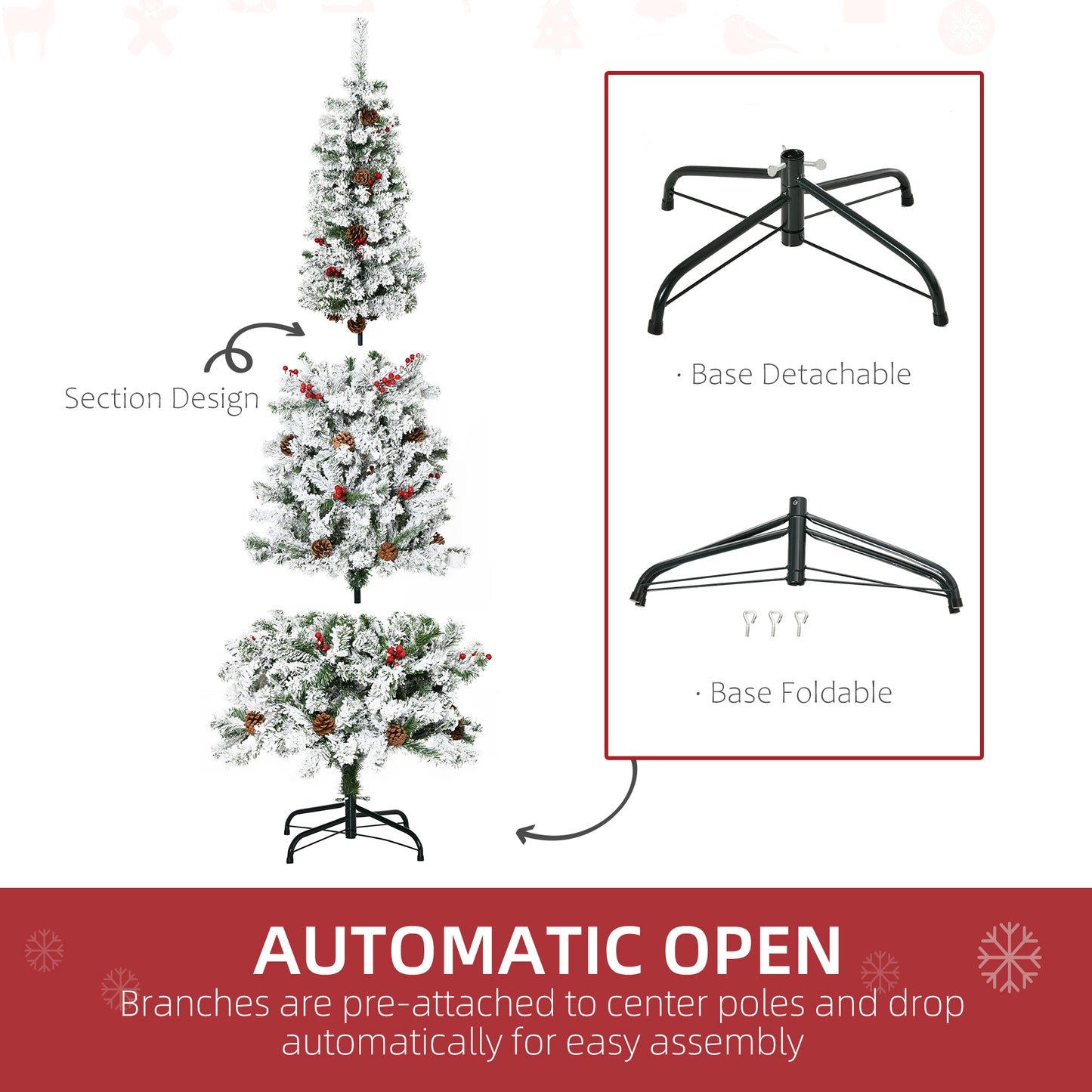 6 Foot Pencil Snow Flocked Artificial Christmas Tree with 600 Pine Realistic Branches, Pine Cones, Red Berries, Auto Ope