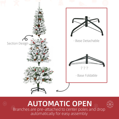 6 Foot Pencil Snow Flocked Artificial Christmas Tree with 600 Pine Realistic Branches, Pine Cones, Red Berries, Auto Ope