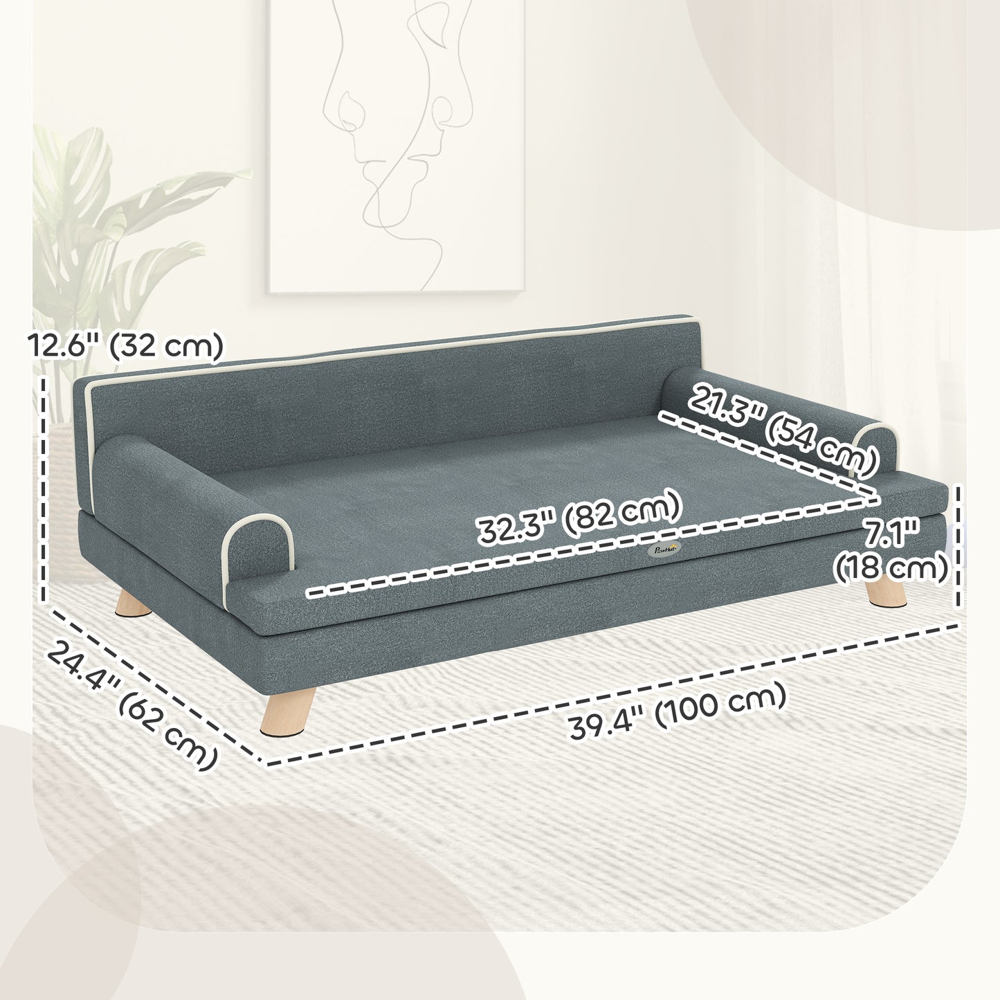 Elevated Dog Sofa Bed, Cat Couch with Cushion, Washable Cover, Wooden Legs, for Medium & Large Dogs, Dark Grey