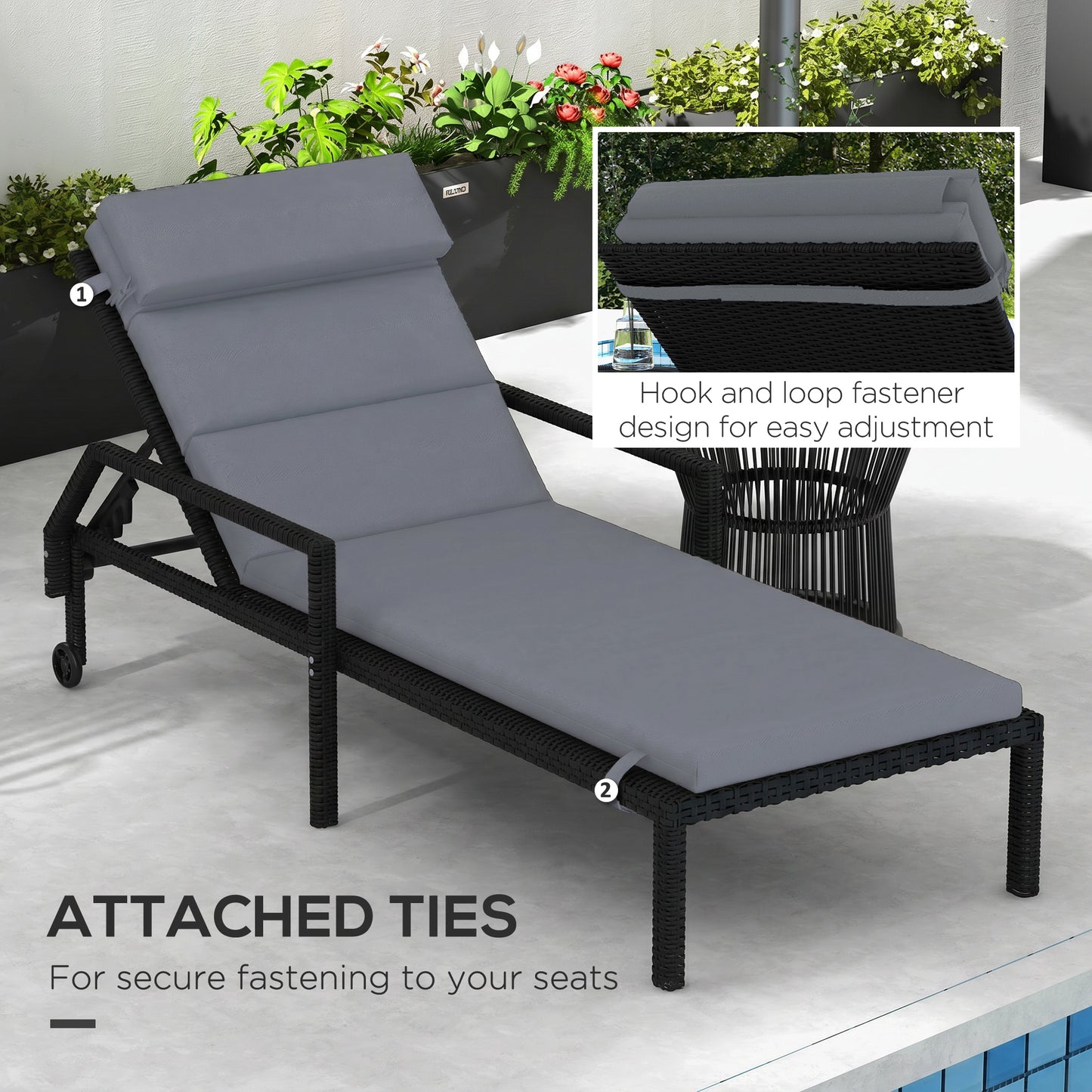 Patio Chaise Lounge Chair Cushion Replacement Sun Lounger Pads with Headrest and Ties, Dark Grey