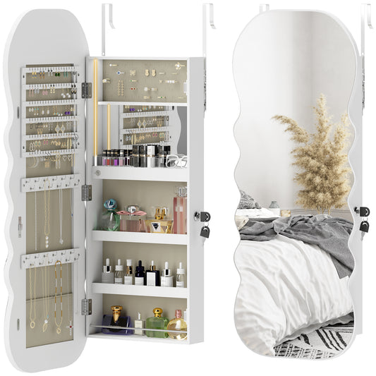 Jewelry Armoire Cabinet with Lights, Wall Mounted or Door Hanging Mirror Jewelry Cabinet with Full Length Mirror, White