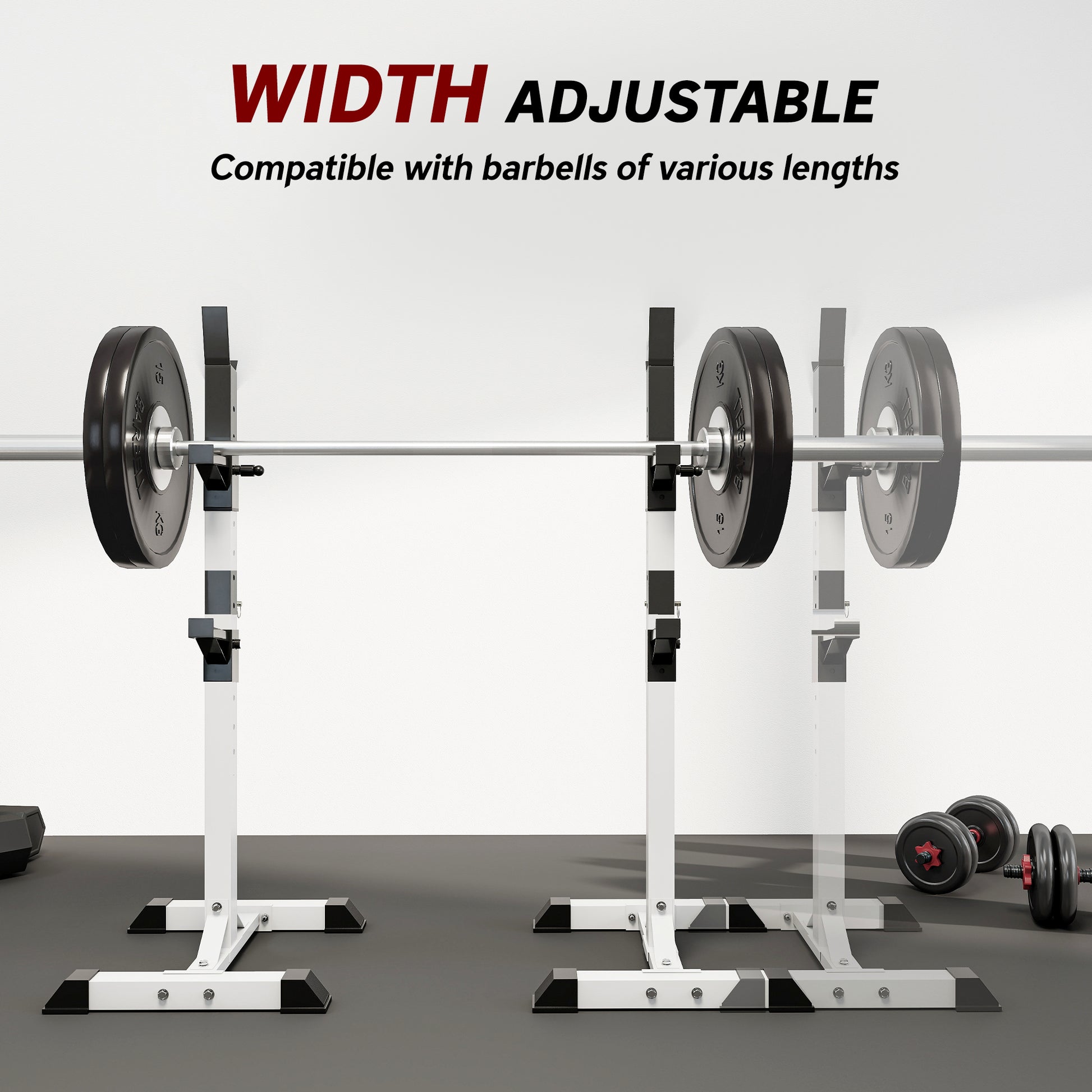 Soozier Adjustable Barbell Rack Stable Power Squat Stand Portable 2 Bars Barbell Holder Weight Rack, Black and White