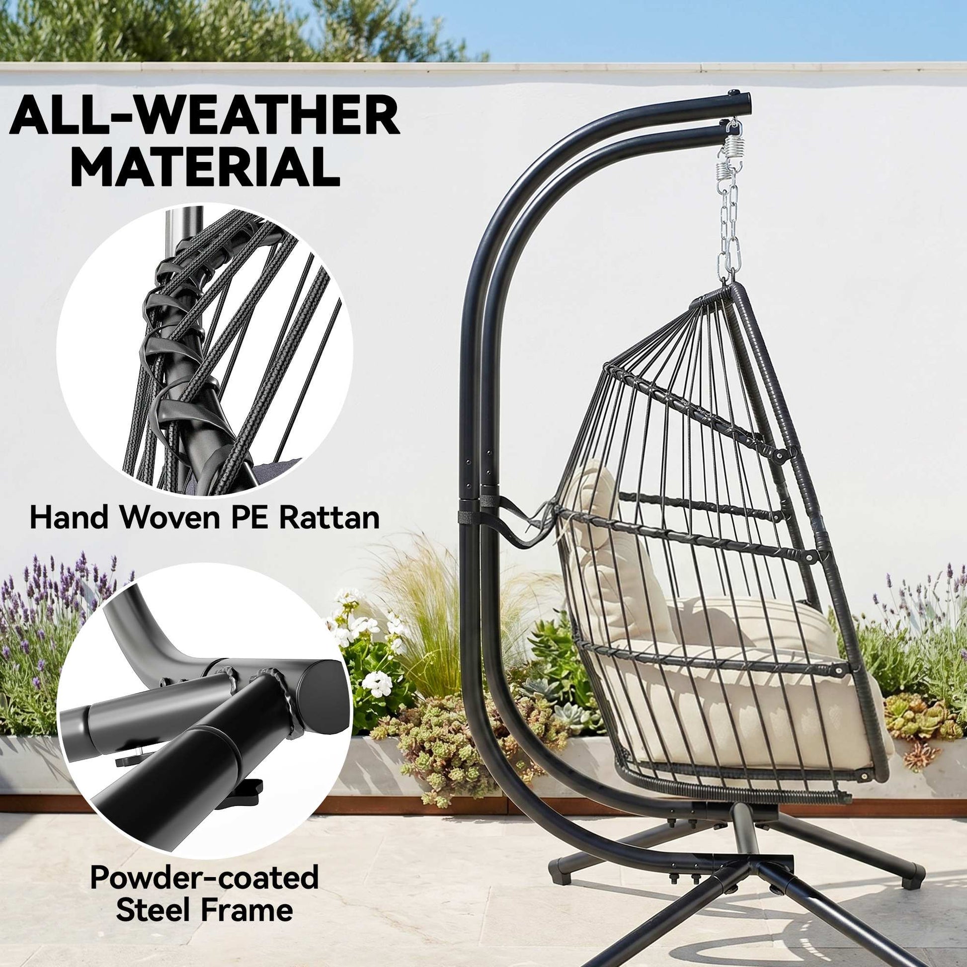Double Wicker Egg Swing Chair with Stand, Foldable Hanging Egg Chair with UV Resistant Cushion, Headrest, Cream White