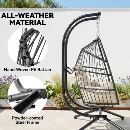 Double Wicker Egg Swing Chair with Stand, Foldable Hanging Egg Chair with UV Resistant Cushion, Headrest, Cream White