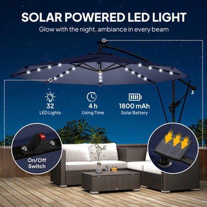 9.7ft Solar LED Cantilever Patio Umbrella with 32 LED Lights, Cross Base, Crank Handle, for Poolside, Deck, Dark Blue