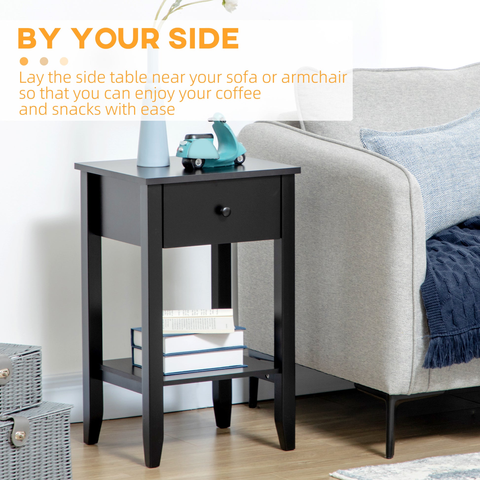 Side Table Set of 2, End Tables with Drawer and Bottom Shelf, 2-tier Nightstand for Bedroom, Living Room, Black