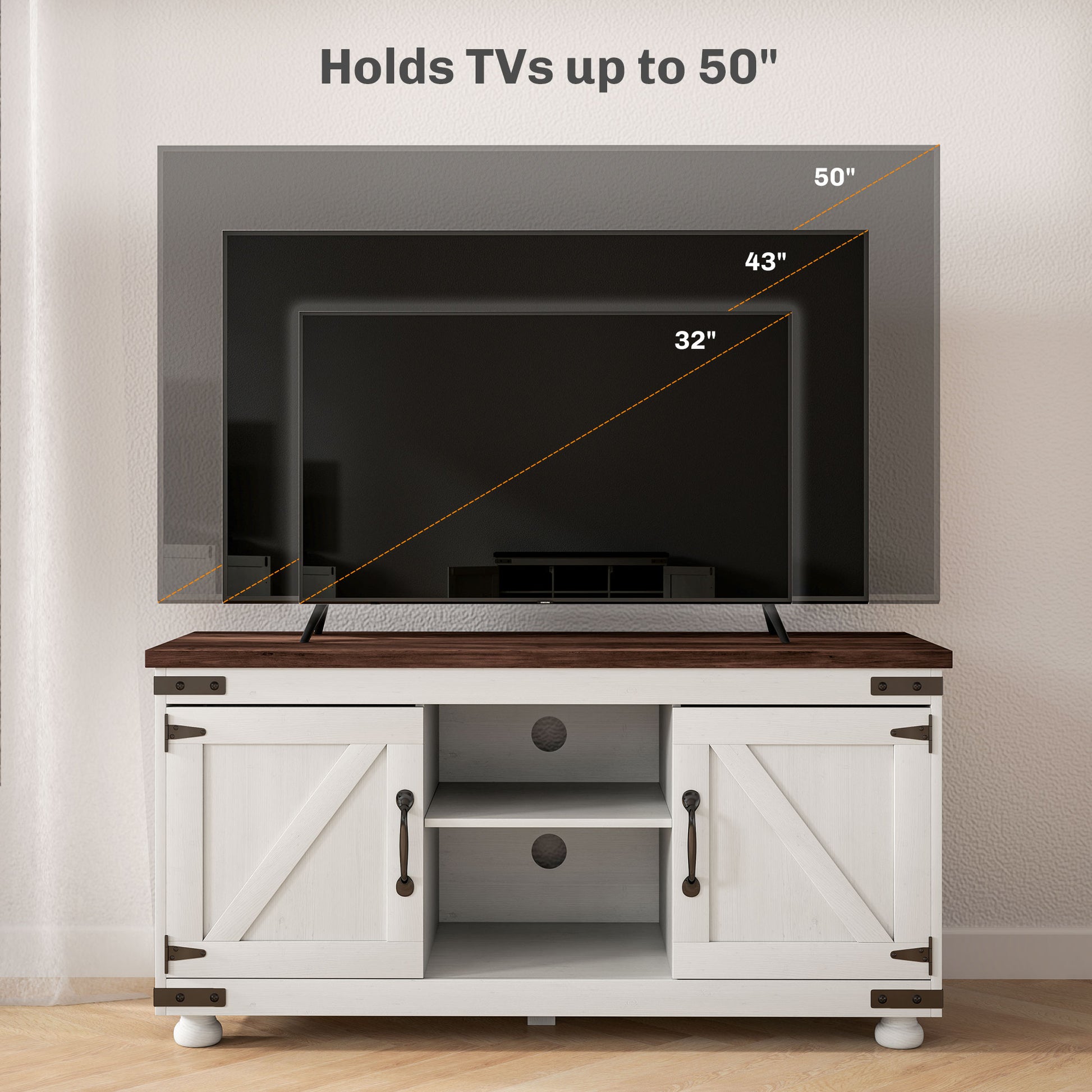 Farmhouse TV Stand for up to 50" TV, TV Cabinet with Barn Doors, Cable Management for Living Room, Distressed White