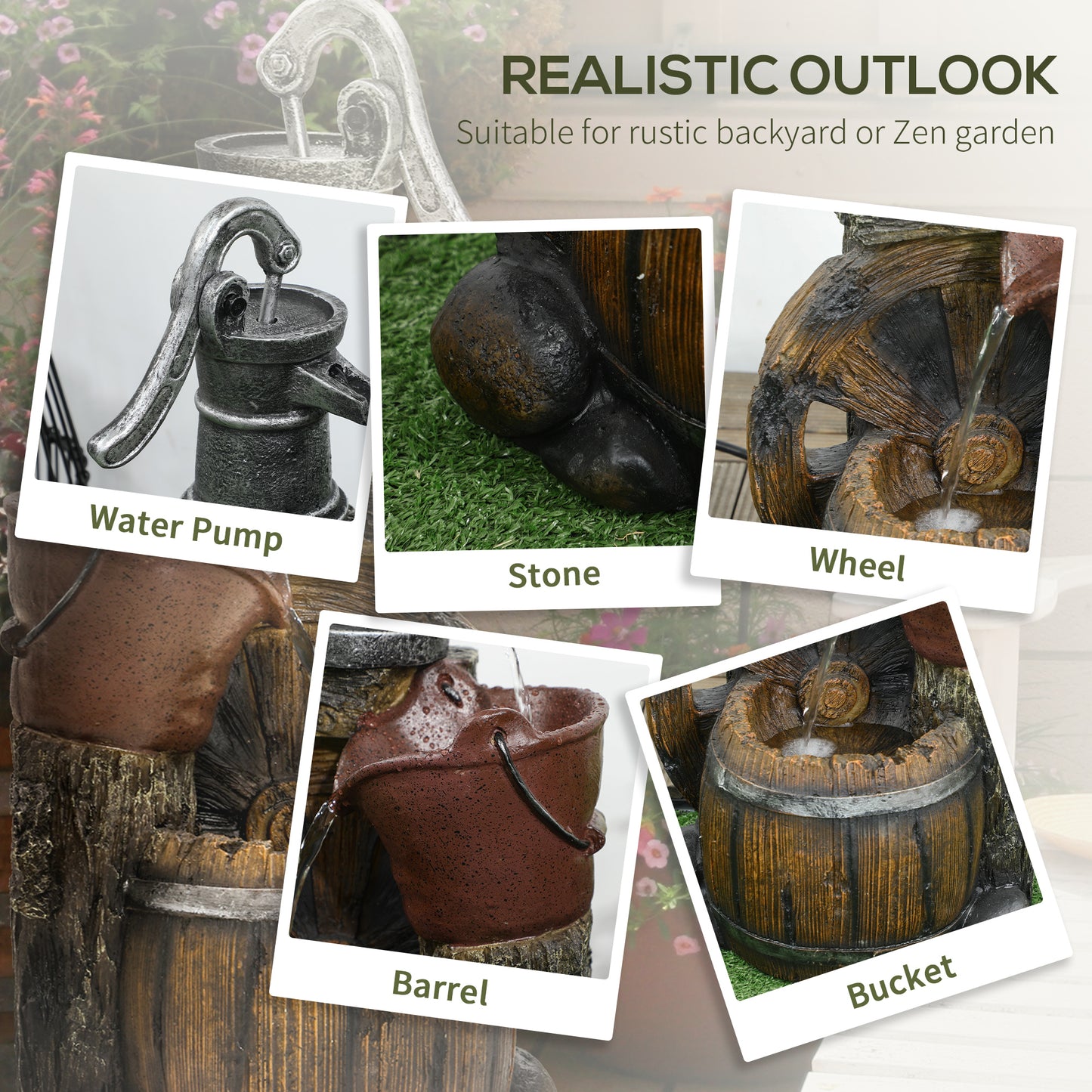 Rustic Waterfall Fountain with Old Fashion Pump Barrel Wheel, 3-Tier Cascading Outdoor Fountain with Adjustable Flow, De