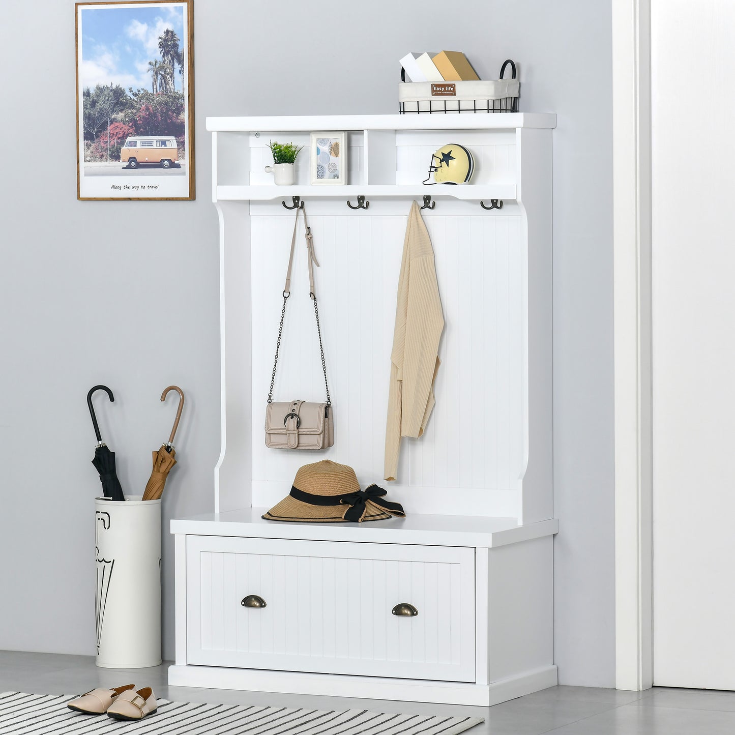 64.5" H Hall Tree with Storage Drawer & Top Shelf, Coat Rack Wooden Entryway Storage Bench Hall Tree Hallway Clothes Bag