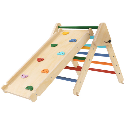 Qaba Pikler Triangle Set, 3 in 1 Climbing Toys with Ramp for Toddlers, Nature Wood