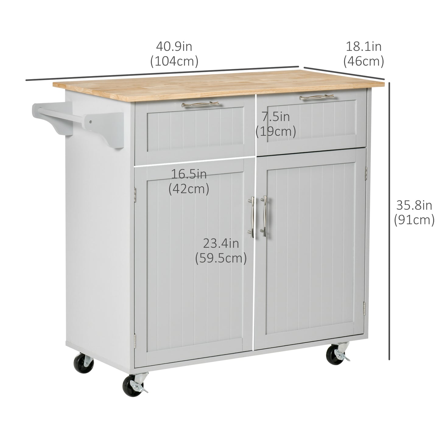 41" Kitchen Island with Storage and Solid Wood Top, Rolling Kitchen Cart on Wheels with 2 Storage Drawers, 2 Doors and T