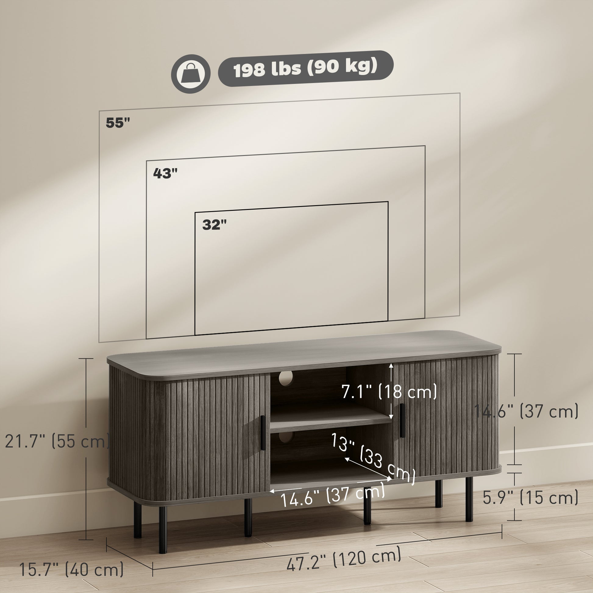 TV Stand Cabinet for TVs up to 55 Inches, TV Unit with Storage Shelves and Cabinets for Living Room, Grey