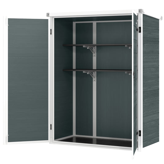 Outdoor 4.4' x 2.3' Plastic Storage Shed with Lockable Doors and Foldable Shelves, Wood-Effect Garden Shed, Grey