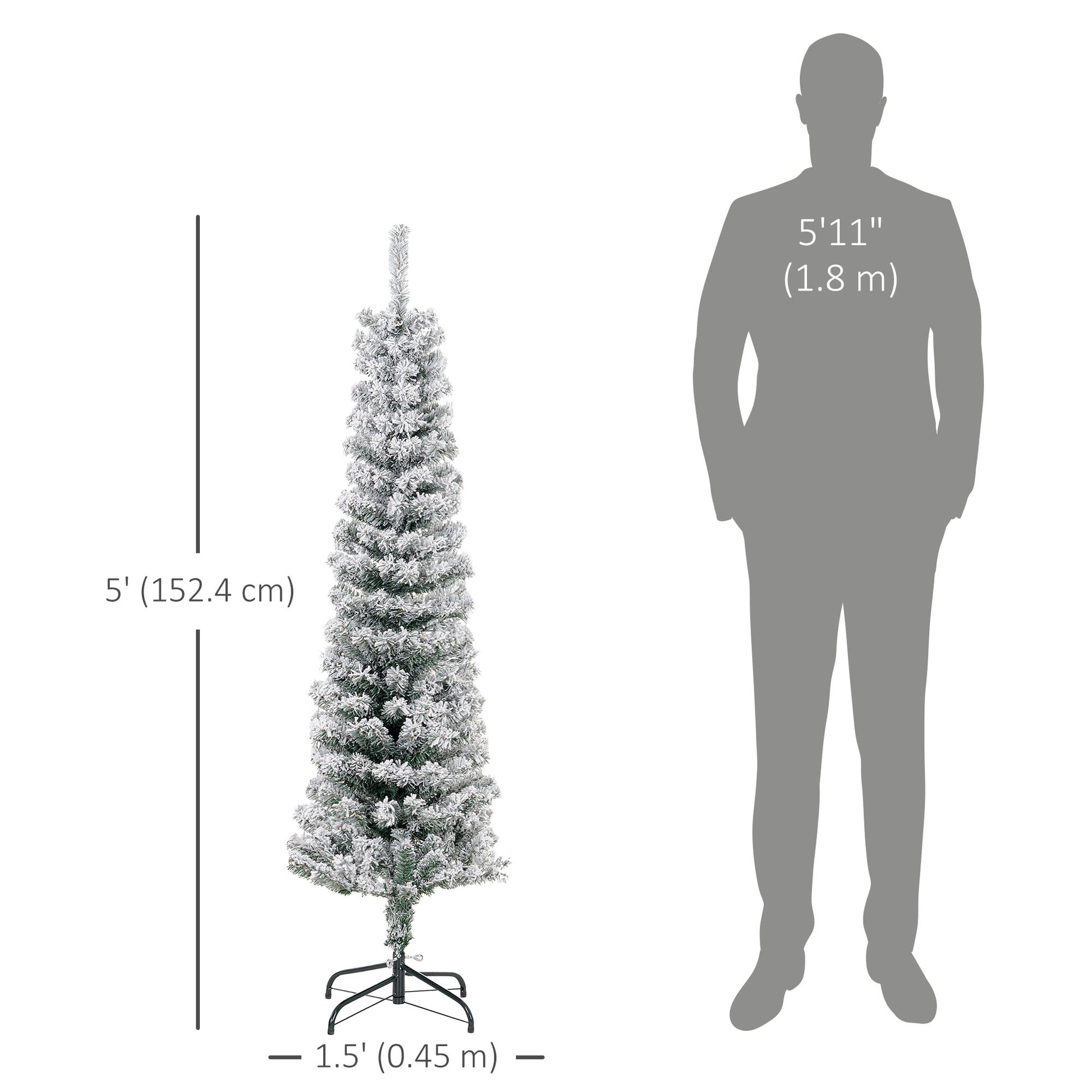 5ft Flocked Christmas Tree, Pencil Christmas Tree with Realistic Branch Tips, Folding Metal Stand, Green