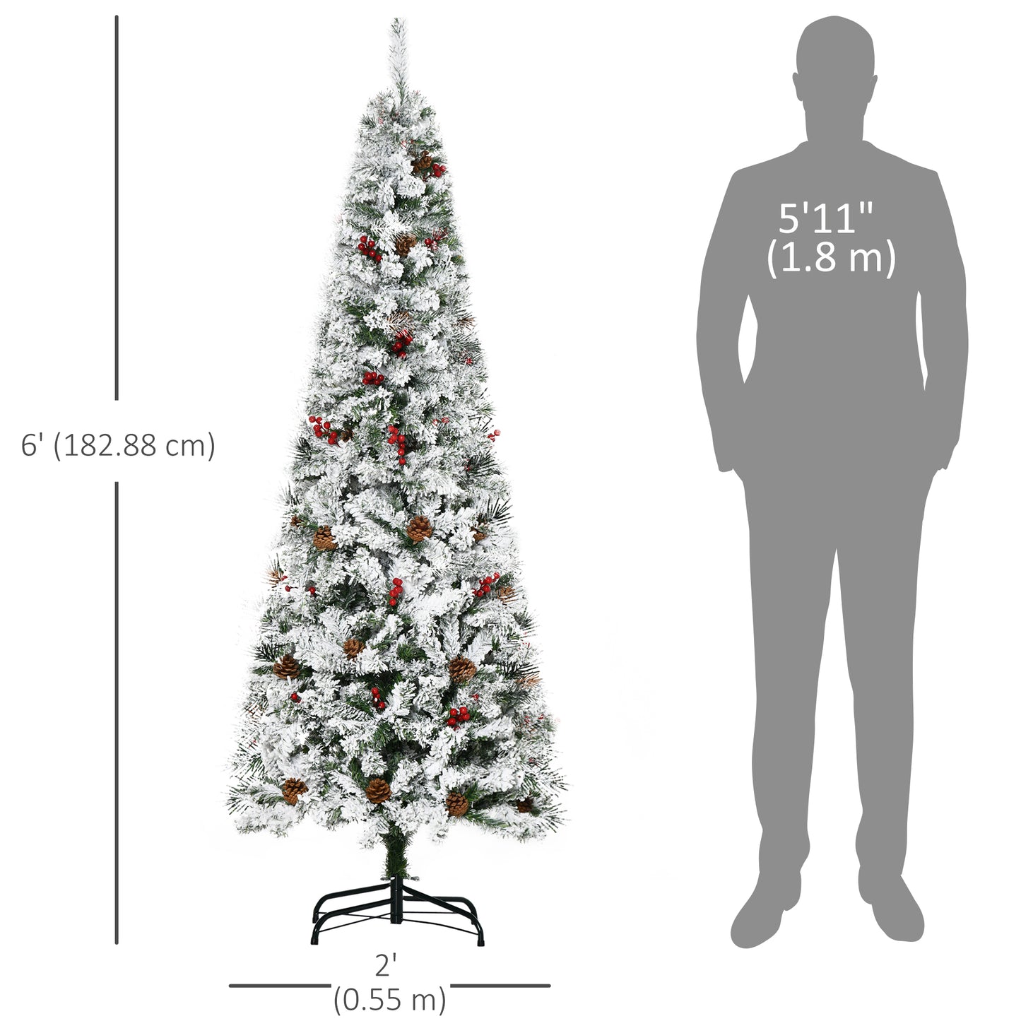 6 Foot Pencil Snow Flocked Artificial Christmas Tree with 600 Pine Realistic Branches, Pine Cones, Red Berries, Auto Ope