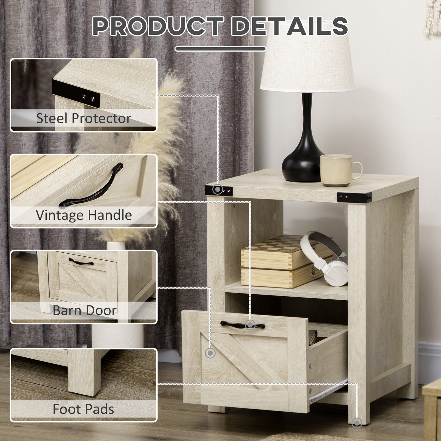 Side Table with Storage, Farmhouse End Table with Drawer, Open Shelf and Barn-style Panel, Nightstand for Living Room, B