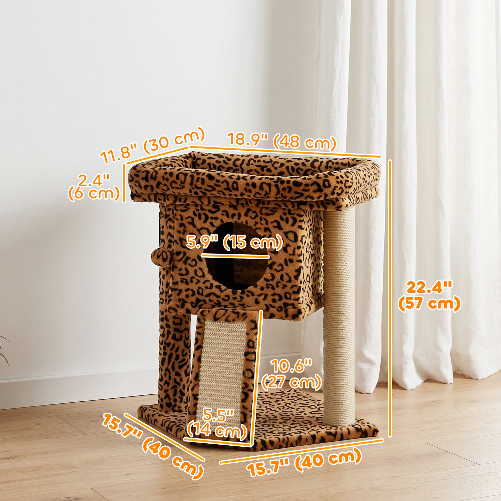 Cat Tree, Small Cat Tower with Perch, Scratching Post, Cat Condo, Toy Ball for Kitty, Leopard Print