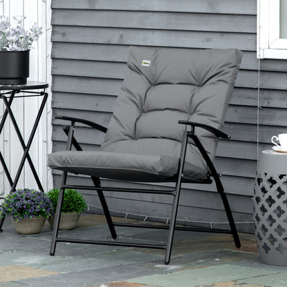 Foldable Lounge Chair, Fabric Upholstered Recliner, Outdoor Lounger with Armrest, Metal Frame for Backyard, Grey