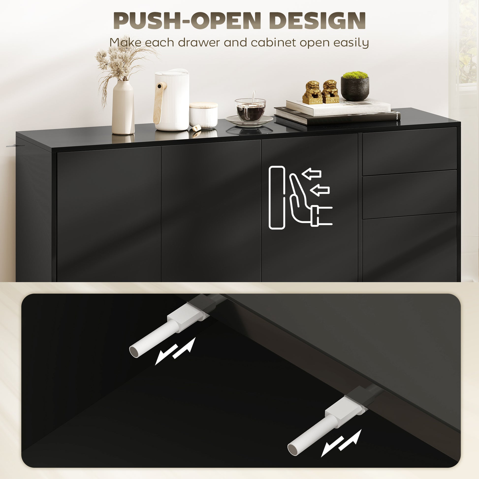 Kitchen Sideboard Storage Cabinet, Modern Coffee Bar Cabinet with Push-Open Design and 2 Drawers for Living Room, Black