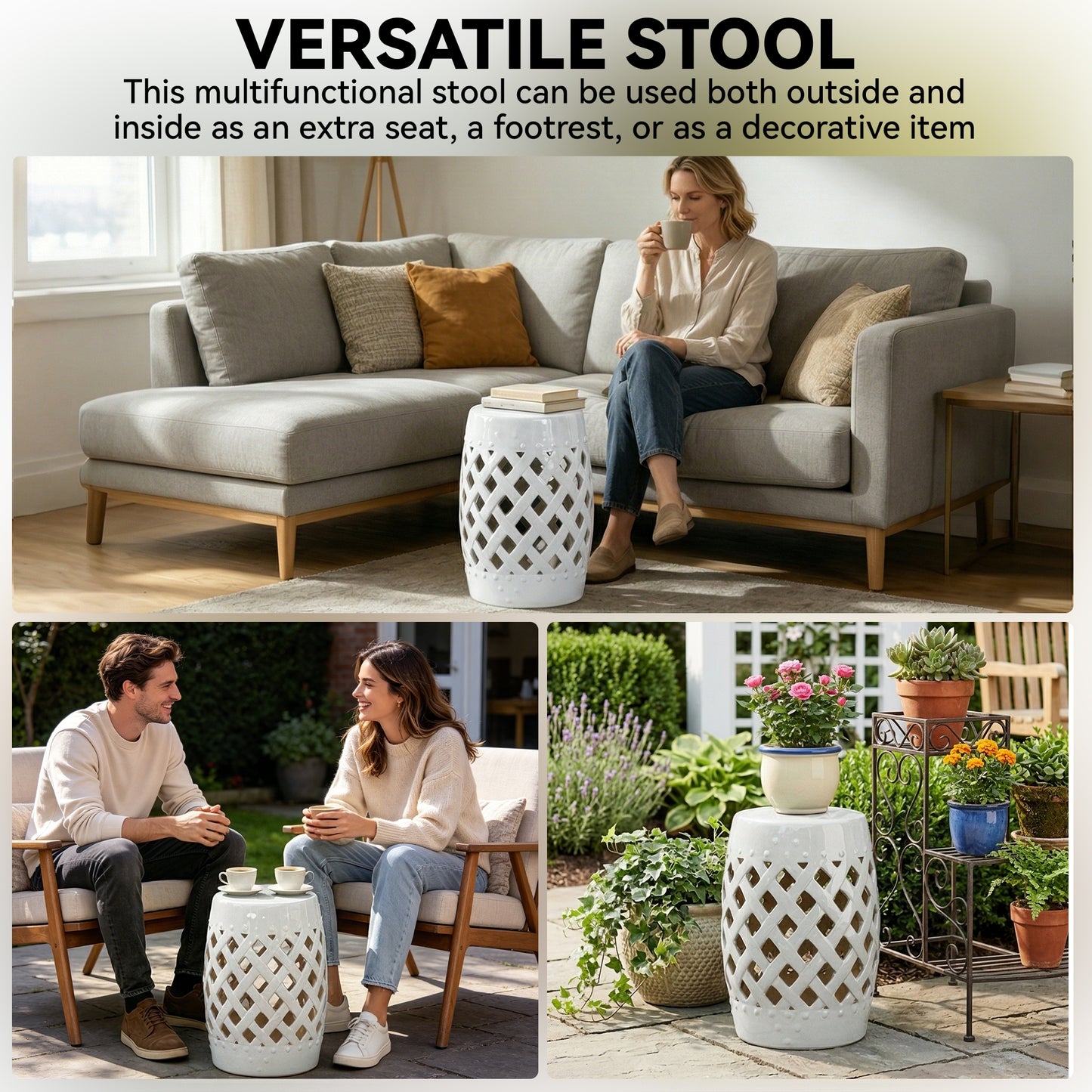 12.4" x 17.9" Ceramic Garden Stool with Woven Lattice Design, Indoor & Outdoor Decorative Accent Stool, White