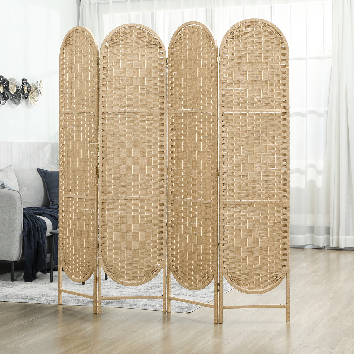 Bohemian Privacy Screen, Folding Room Divider with 4 Panels and Arched Top for Bedroom Living Room Office, Natural Wood
