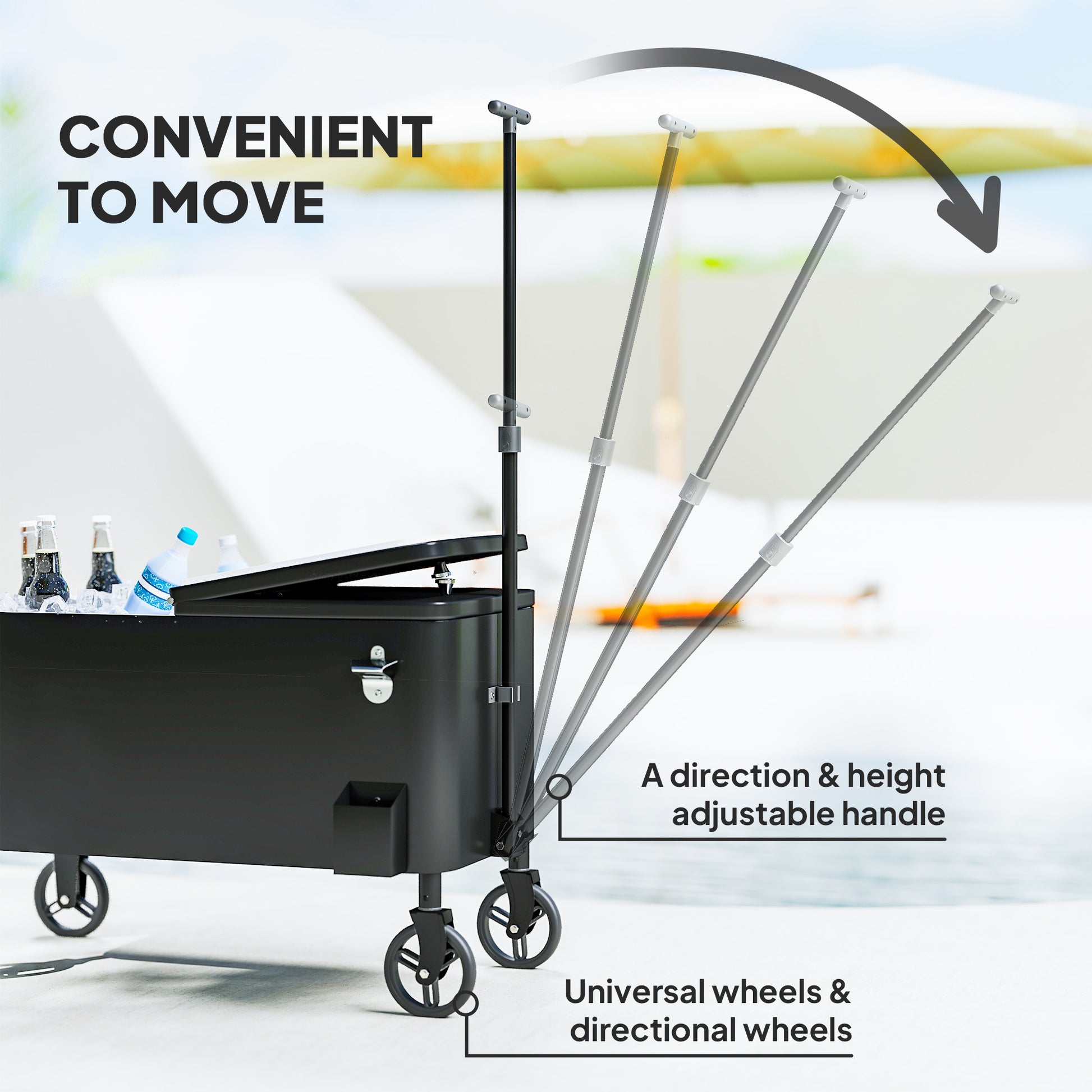80-Qt Outdoor Patio Cooler Cart, Rolling Ice Chest with Adjustable Handle, Wheels, Bottle Opener, Drainage, Outdoor Beve