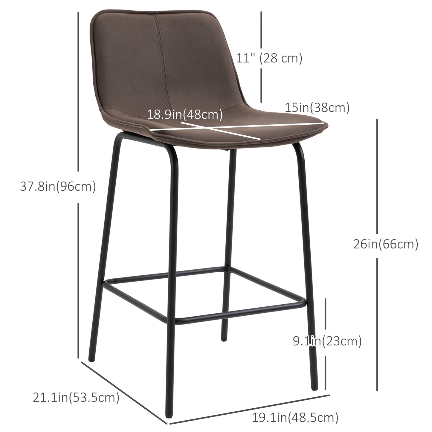 Bar Stools Set of 2, Upholstered Counter Height Bar Chairs, 26" (66 cm) Kitchen Stools with Steel Legs for Dining Area, 