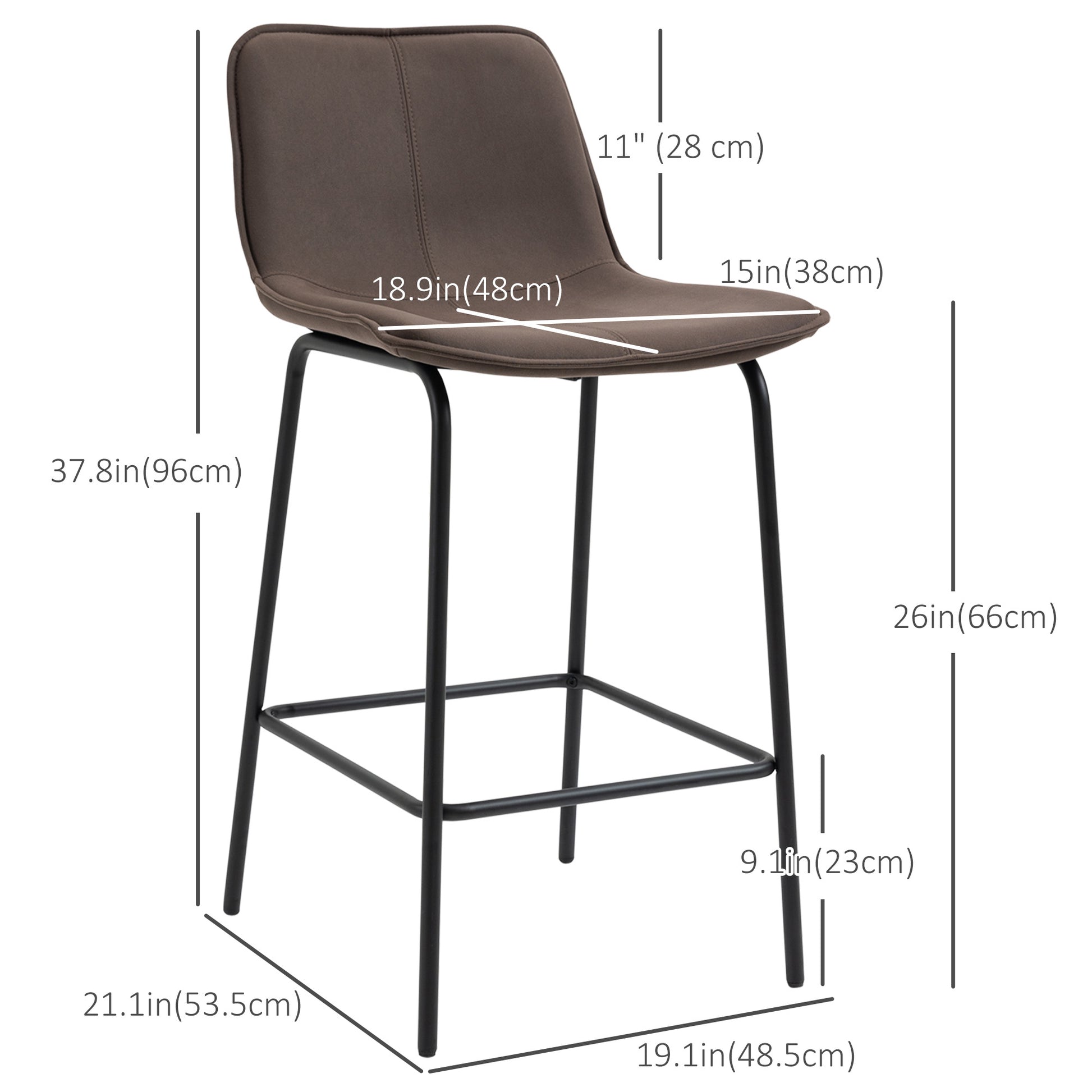 Bar Stools Set of 2, Upholstered Counter Height Bar Chairs, 26" (66 cm) Kitchen Stools with Steel Legs for Dining Area, 