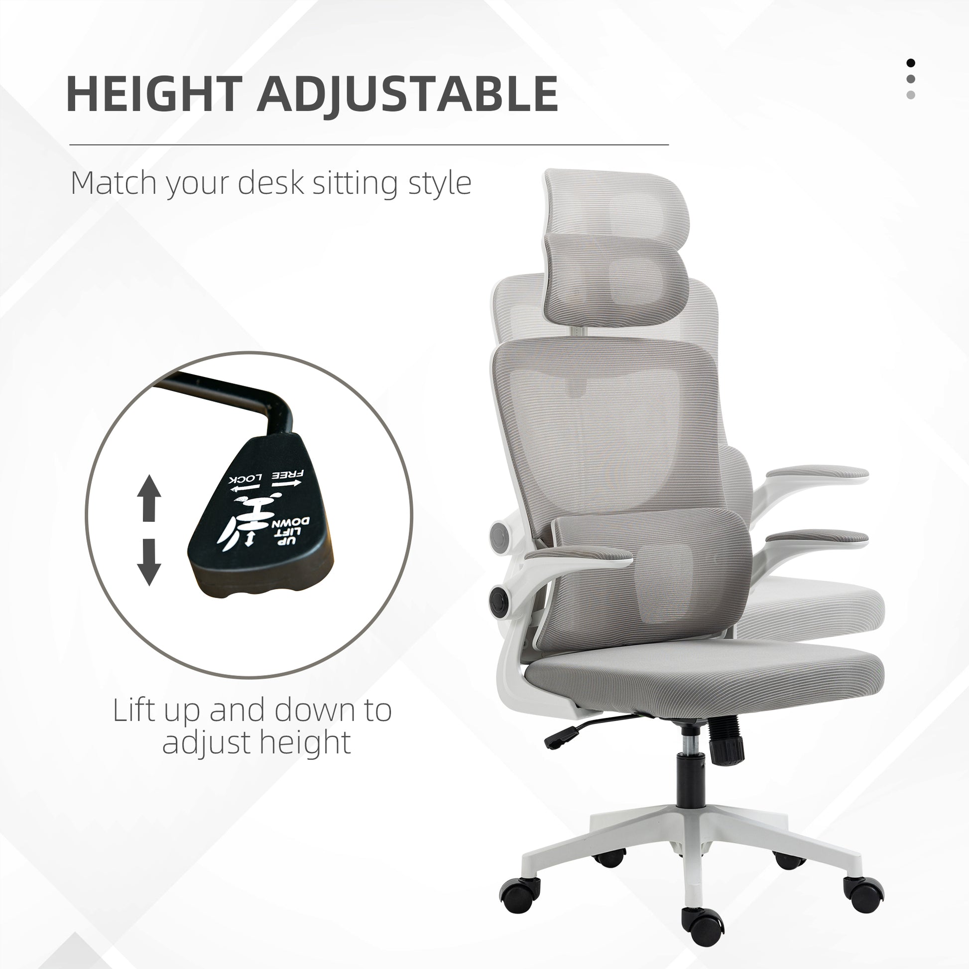 Ergonomic Office Chair, Mesh Computer Desk Chair with Adjustable Headrest, 4D Lumbar Support, Flip-up Arm, Grey