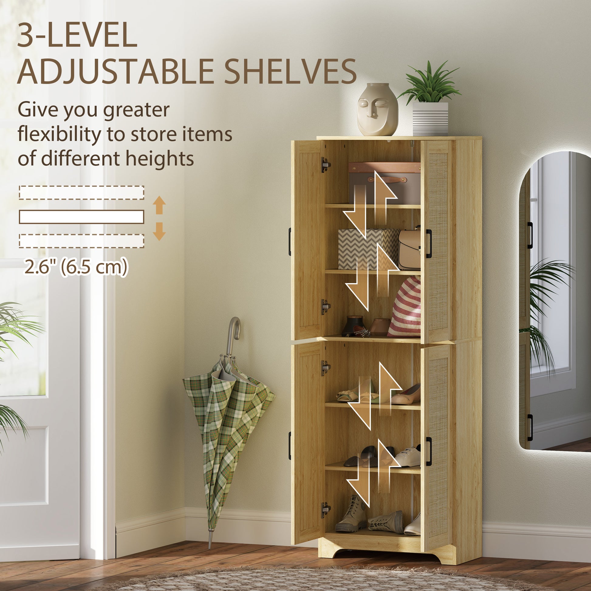 67" Tall Kitchen Pantry, Freestanding Kitchen Storage Cabinet with 4 Rattan Doors and Adjustable Shelves, Oak
