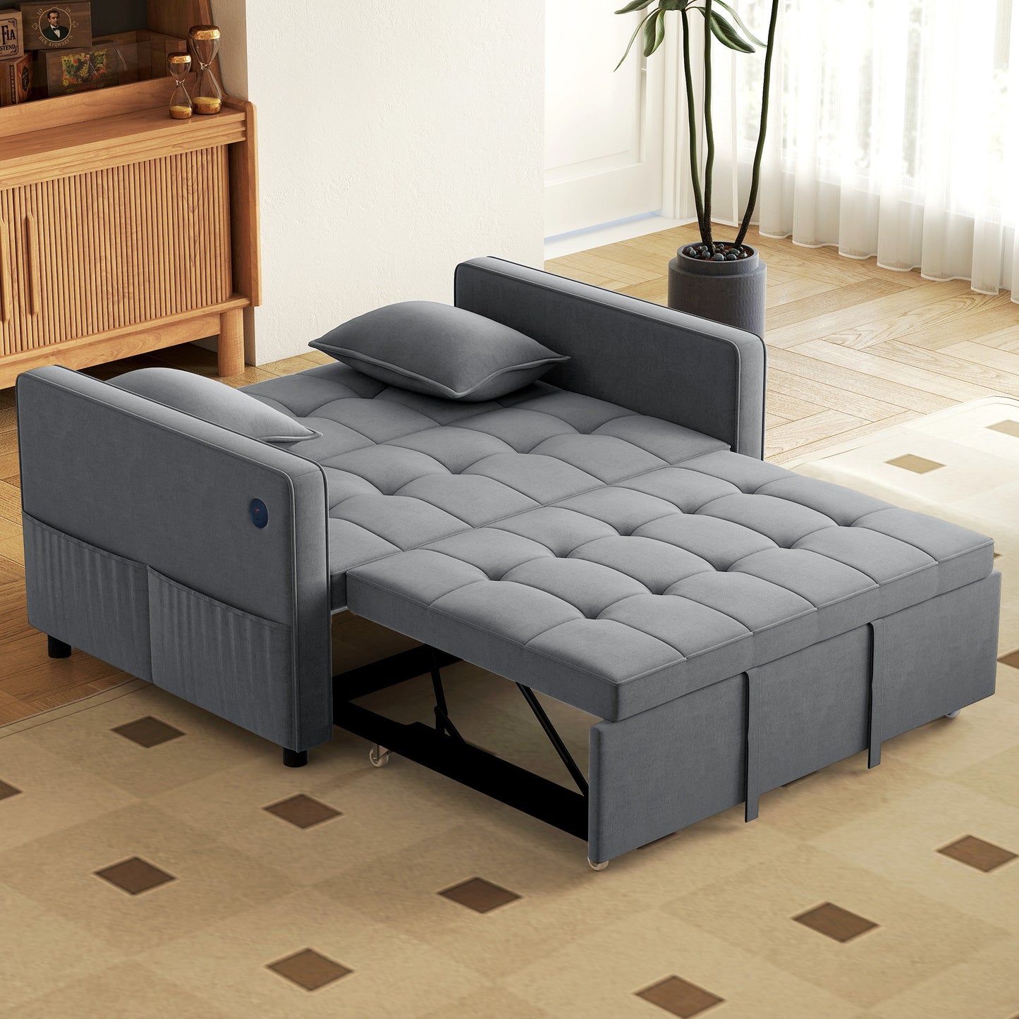 3‑in‑1 Convertible Sofa Bed, Pull Out Sleeper Sofa with USB Charging, Adjustable Backrest, Side Pockets, Dark Grey