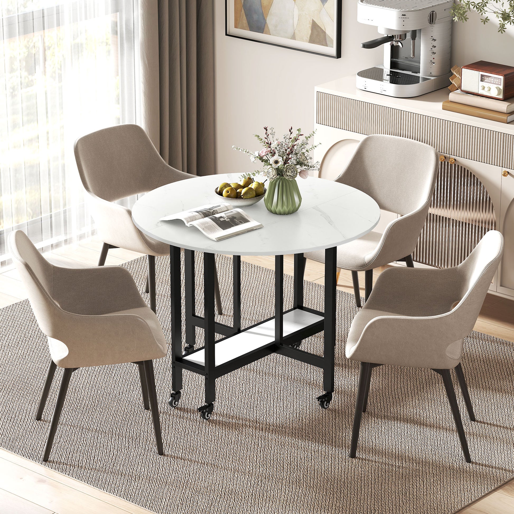 Folding Dining Table, Drop Leaf Table with Open Shelf, Rolling Kitchen Table for Dining Room, Small Spaces, White Marble