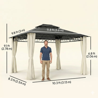 10' x 12' Outdoor Gazebo Canopy, Double Roof Hardtop Gazebo with Polycarbonate Roof, Steel Frame, Nettings and Curtains