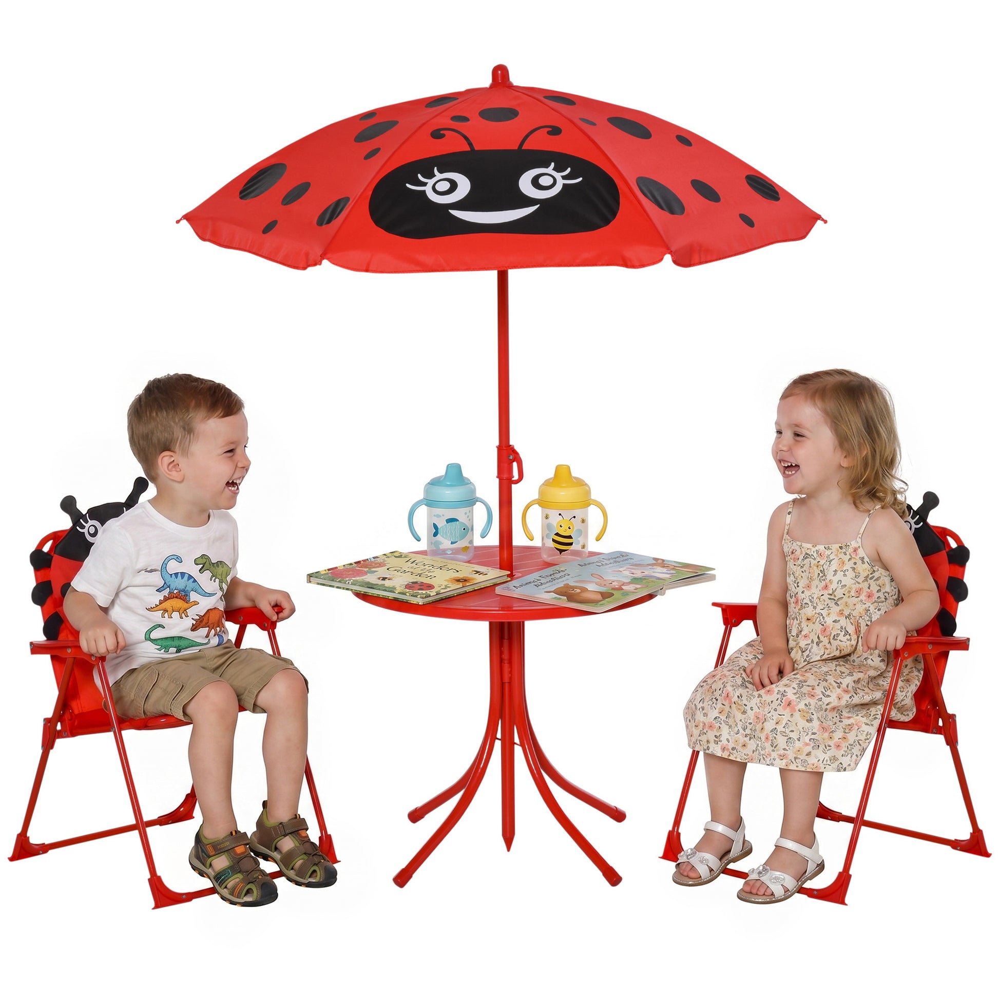 Children Table and Chair Set Outdoor, Kids Folding Picnic Table and Chair Set with Removable & Height Adjustable Sun Umb