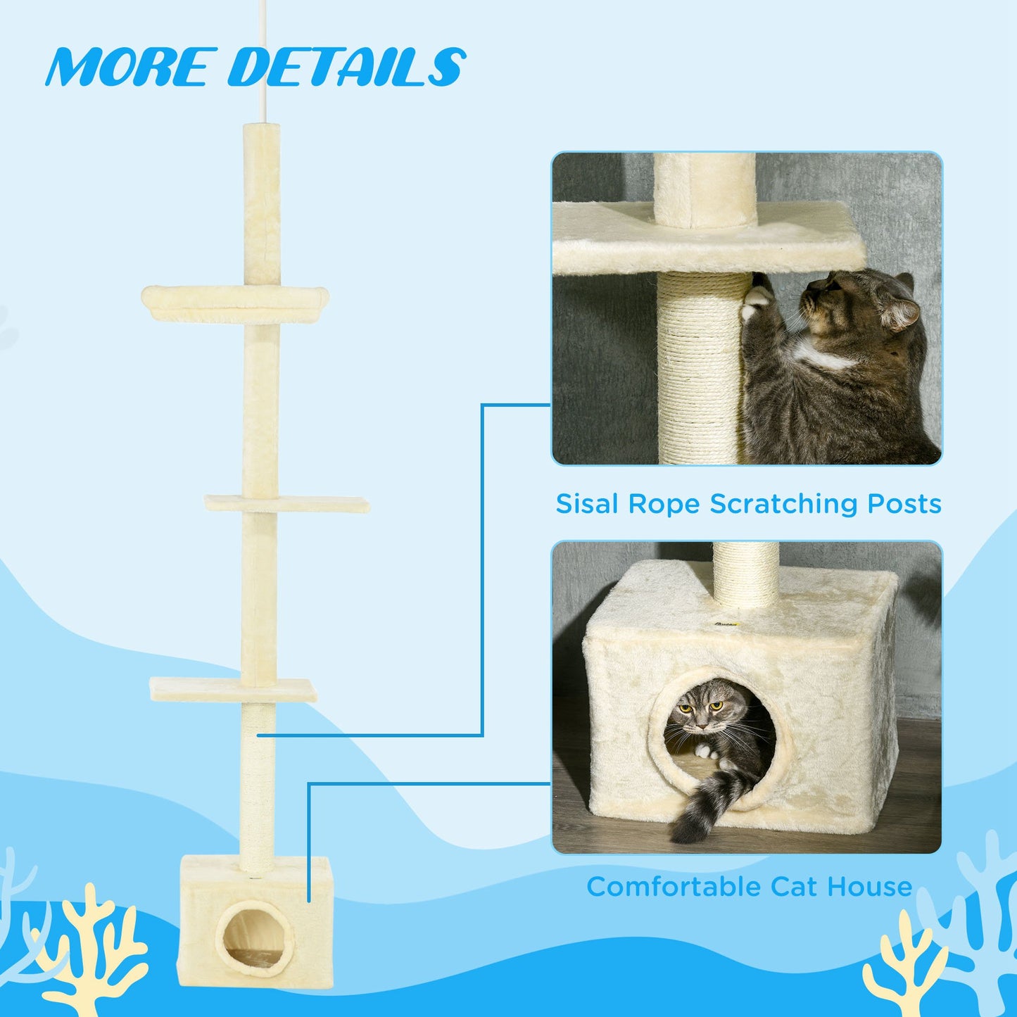 Floor to Ceiling Cat Tree with Scratching Post for Indoor Cats, Adjustable Height Cat Tower (91-102 Inches) with House, 