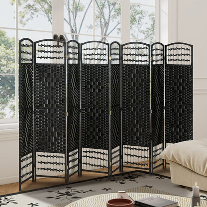 8 Panel Folding Room Divider, Portable Privacy Screen, Wave Fiber Room Partition for Home Office, Black