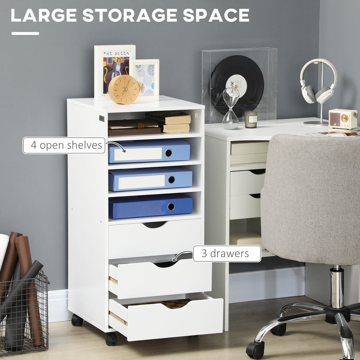 Vertical Filing Cabinet, Mobile File Cabinet on Wheels with 3 Drawers and 4 Open Shelves, Printer Stand with Lockable Ca