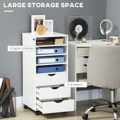Vertical Filing Cabinet, Mobile File Cabinet on Wheels with 3 Drawers and 4 Open Shelves, Printer Stand with Lockable Ca