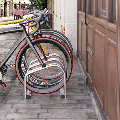 3-Bike Bicycle Floor Parking Rack Cycling Storage Stand Ground Mount Garage Organizer for Indoor and Outdoor Use Silver