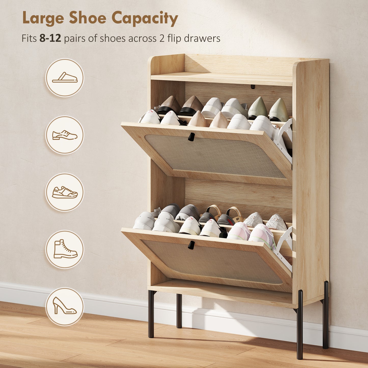 Shoe Cabinet with 2 Flip Drawers, Boho Narrow Shoe Storage Cabinet, Oak